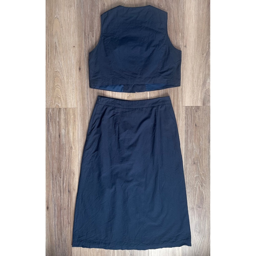 Commense Navy Linen Blend Vest & Midi Skirt Set L Scalloped Placket Quiet Luxury - Picture 2 of 8